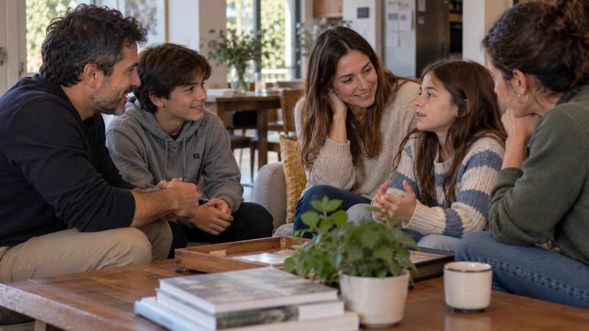 Familia compartiendo un momento cotidiano en el hogar.