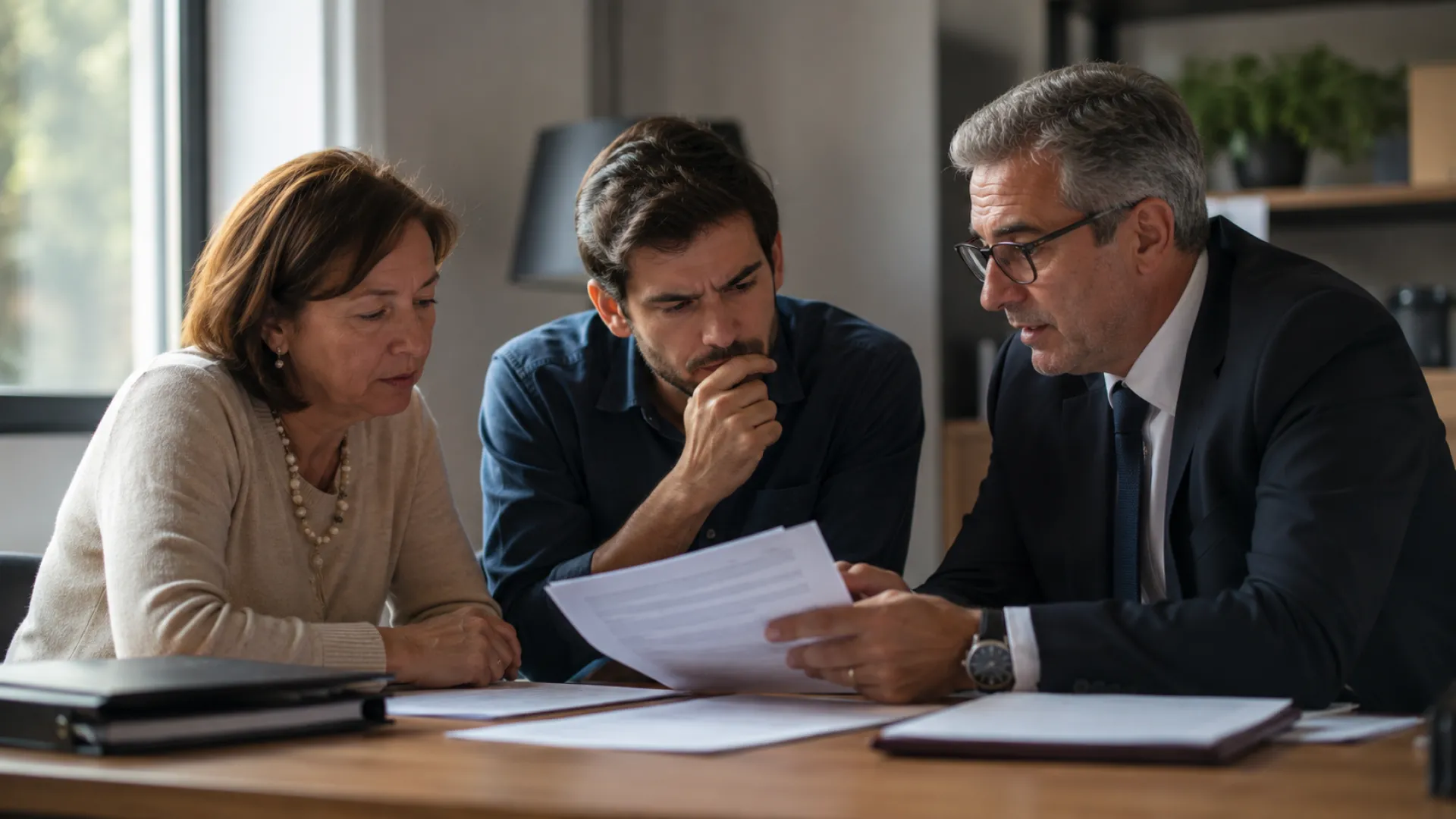 Familia revisa documentos hereditarios junto a un abogado en una oficina durante proceso sucesorio
