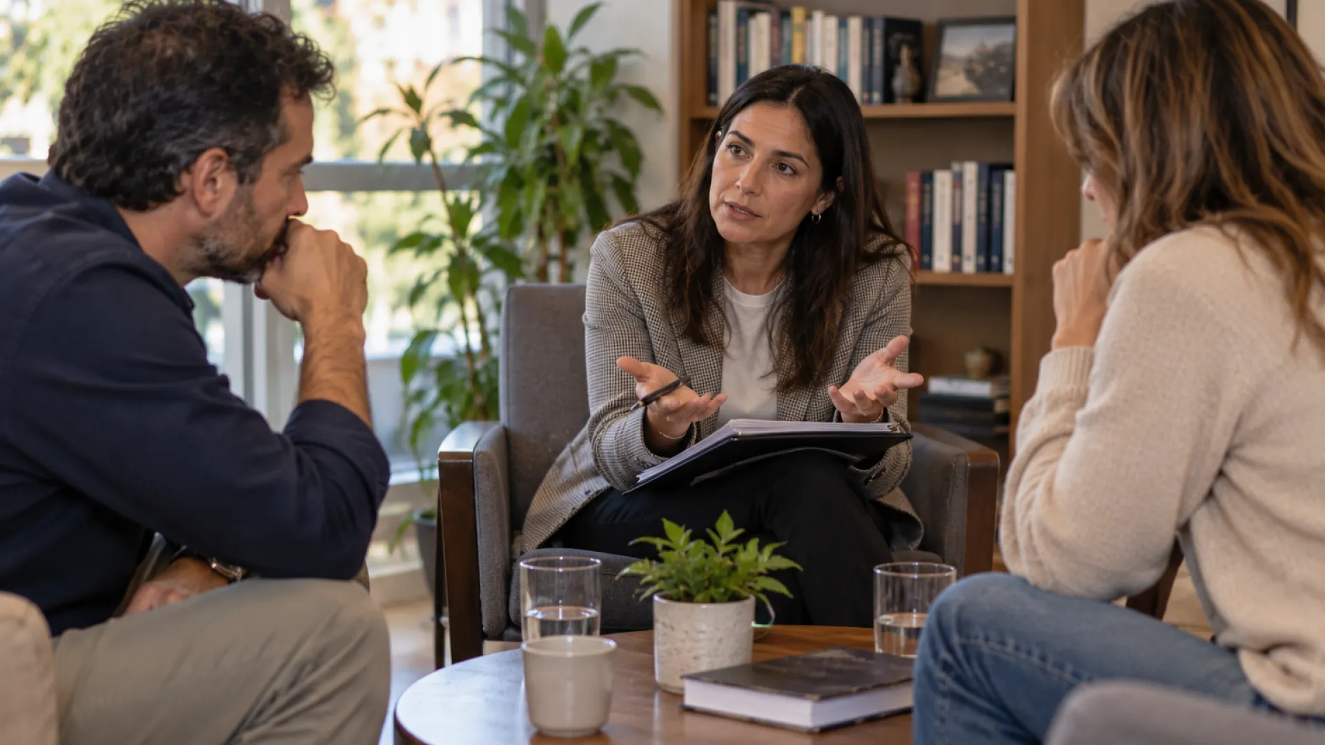 Hermanos adultos reunidos en un espacio de conversación familiar.