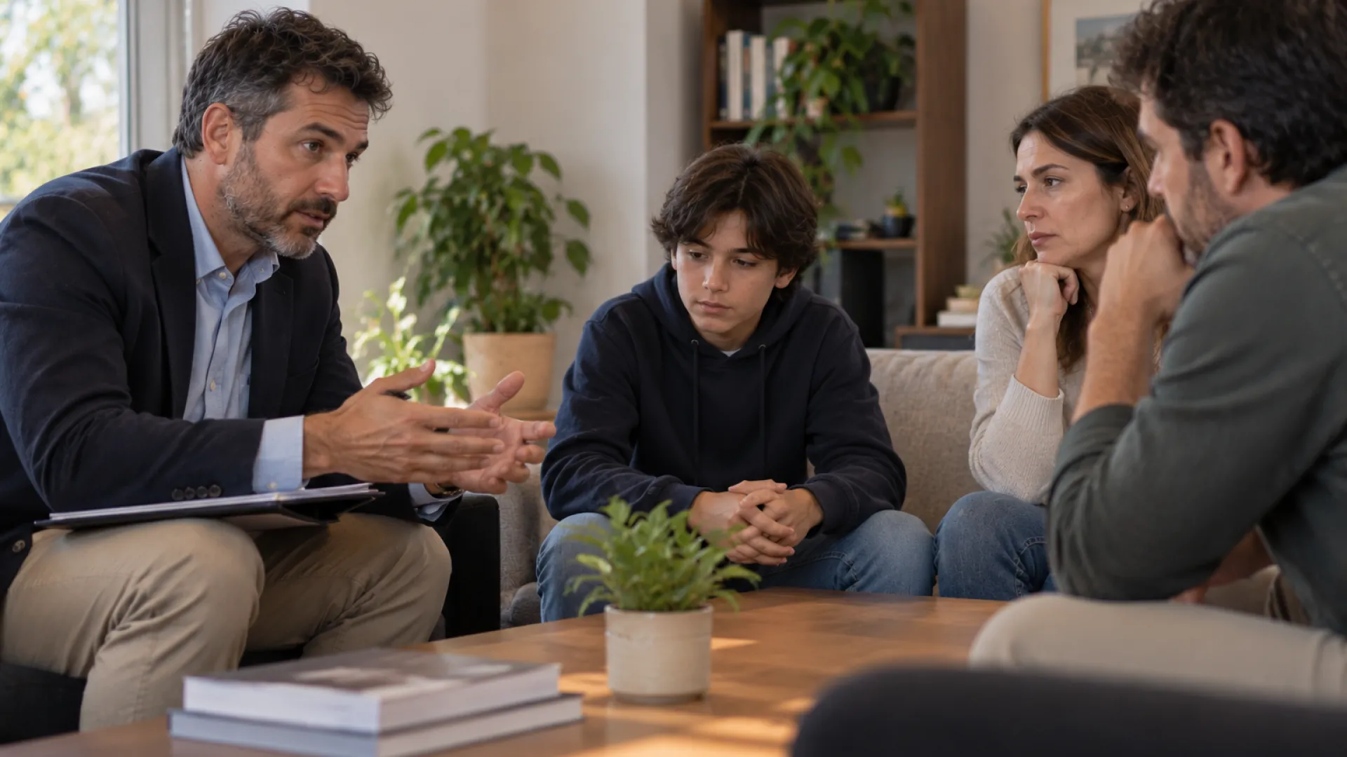 Padres e hijos durante una conversación familiar en el hogar.