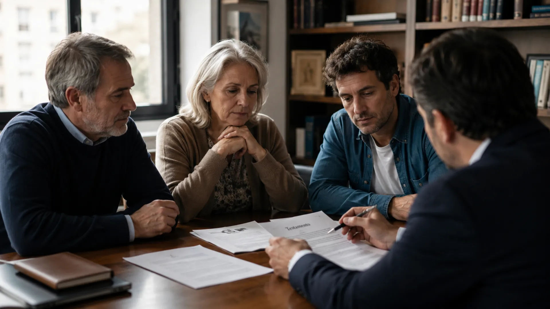 Familia adulta revisa decisiones sucesorias junto a un abogado en un ambiente privado